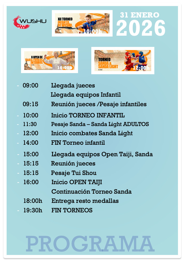 Horarios oficiales del campeonato de wushu del 31 de enero 2026 organizado por la FMJYDA