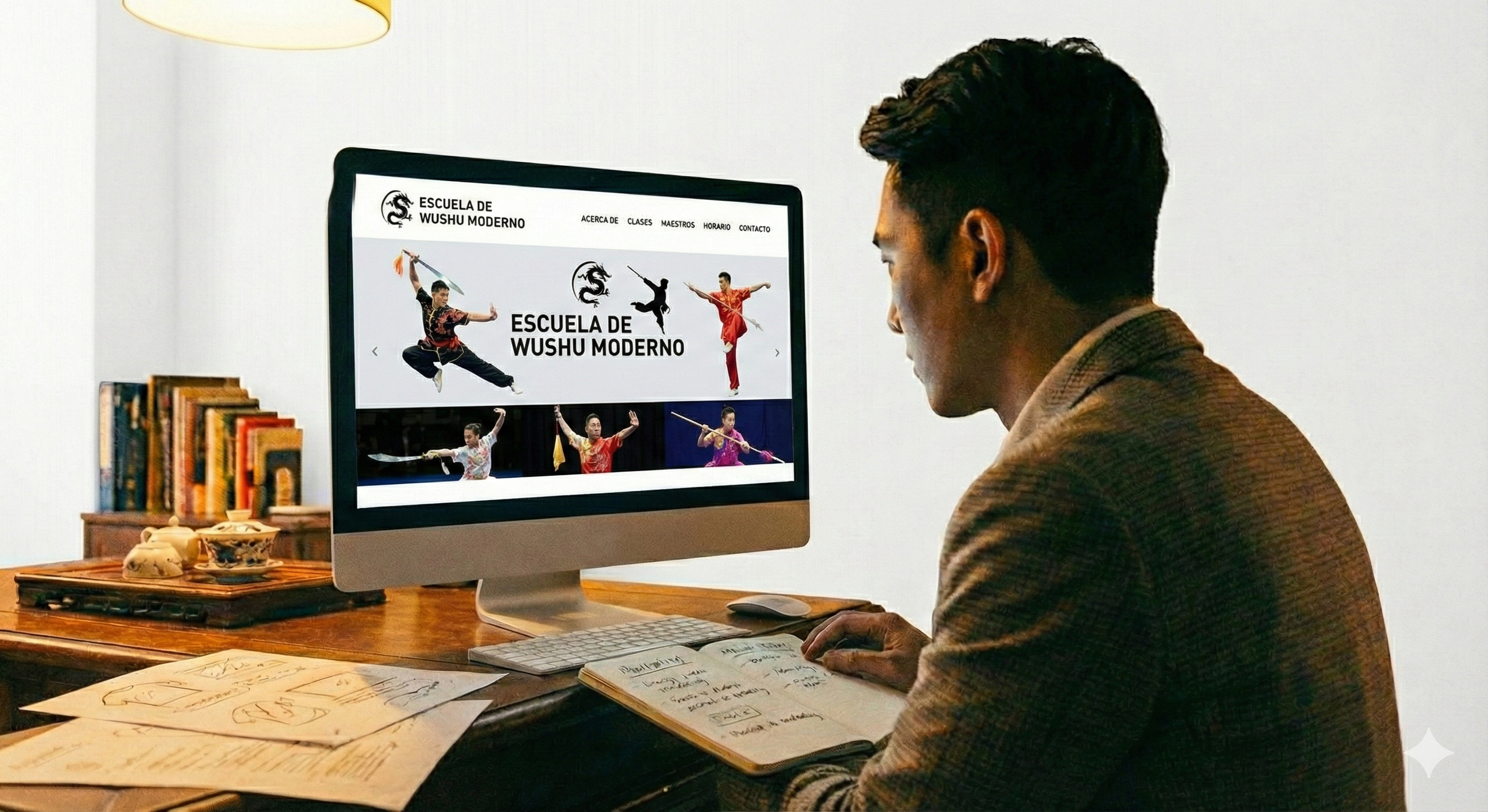 Diseñador web en oficina revisando la página web moderna de una escuela de Wushu y artes marciales en un ordenador de escritorio.
