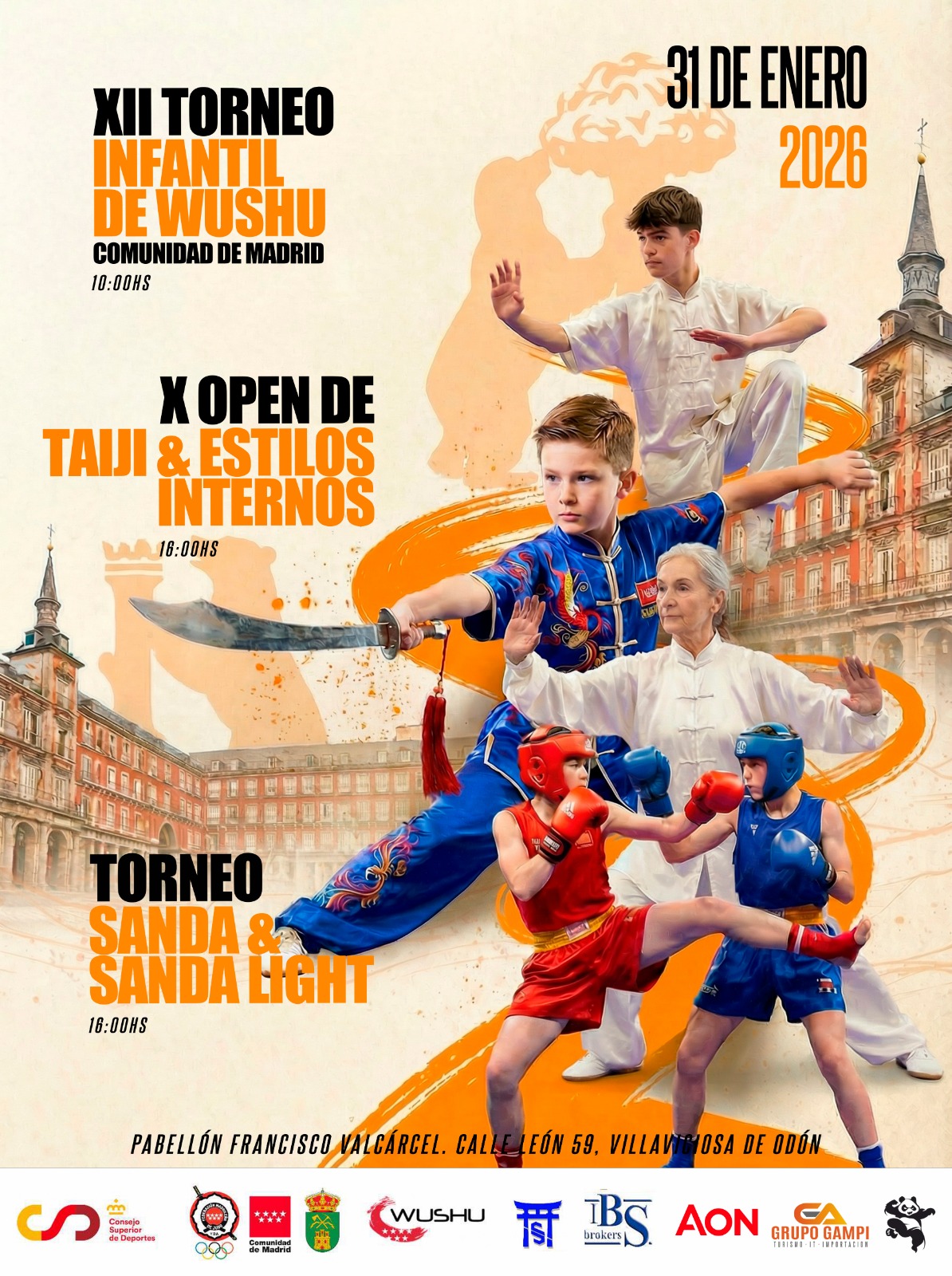Competición oficial de wushu con taolu y combate en el Pabellón de Judo Francisco Valcárcel de Madrid