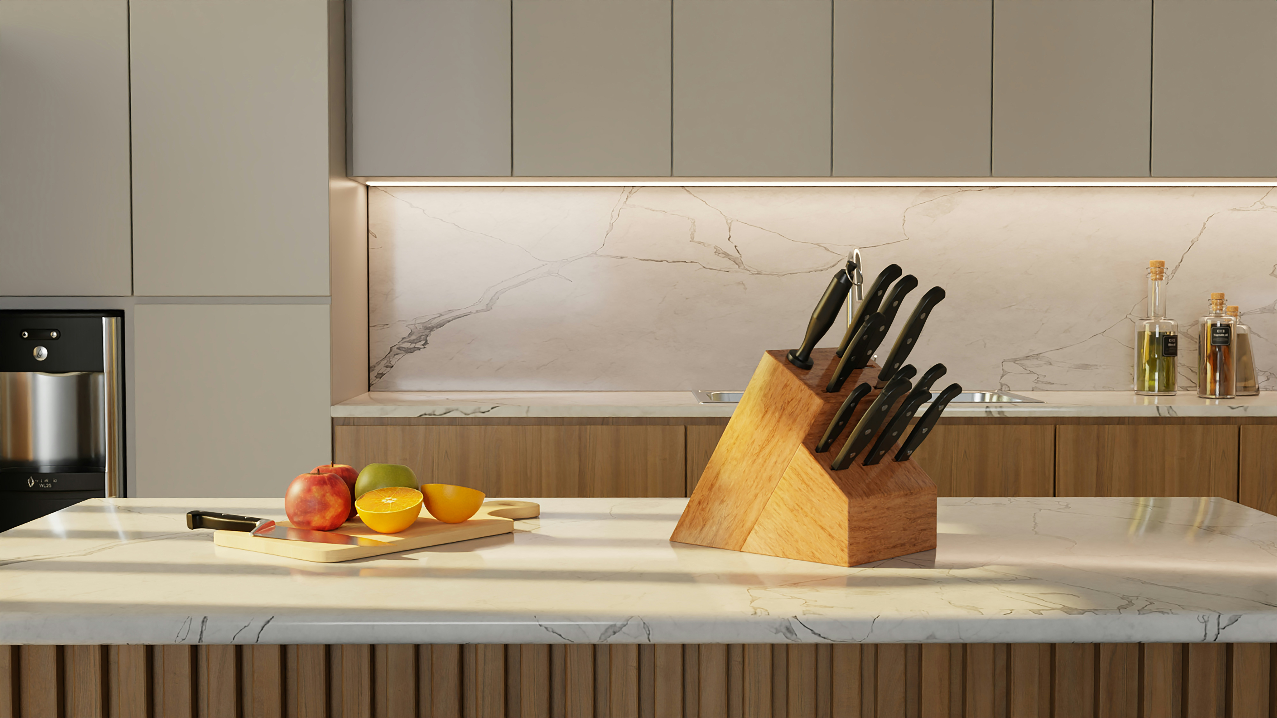 kitchen with marble countertops and island with knives and fruit