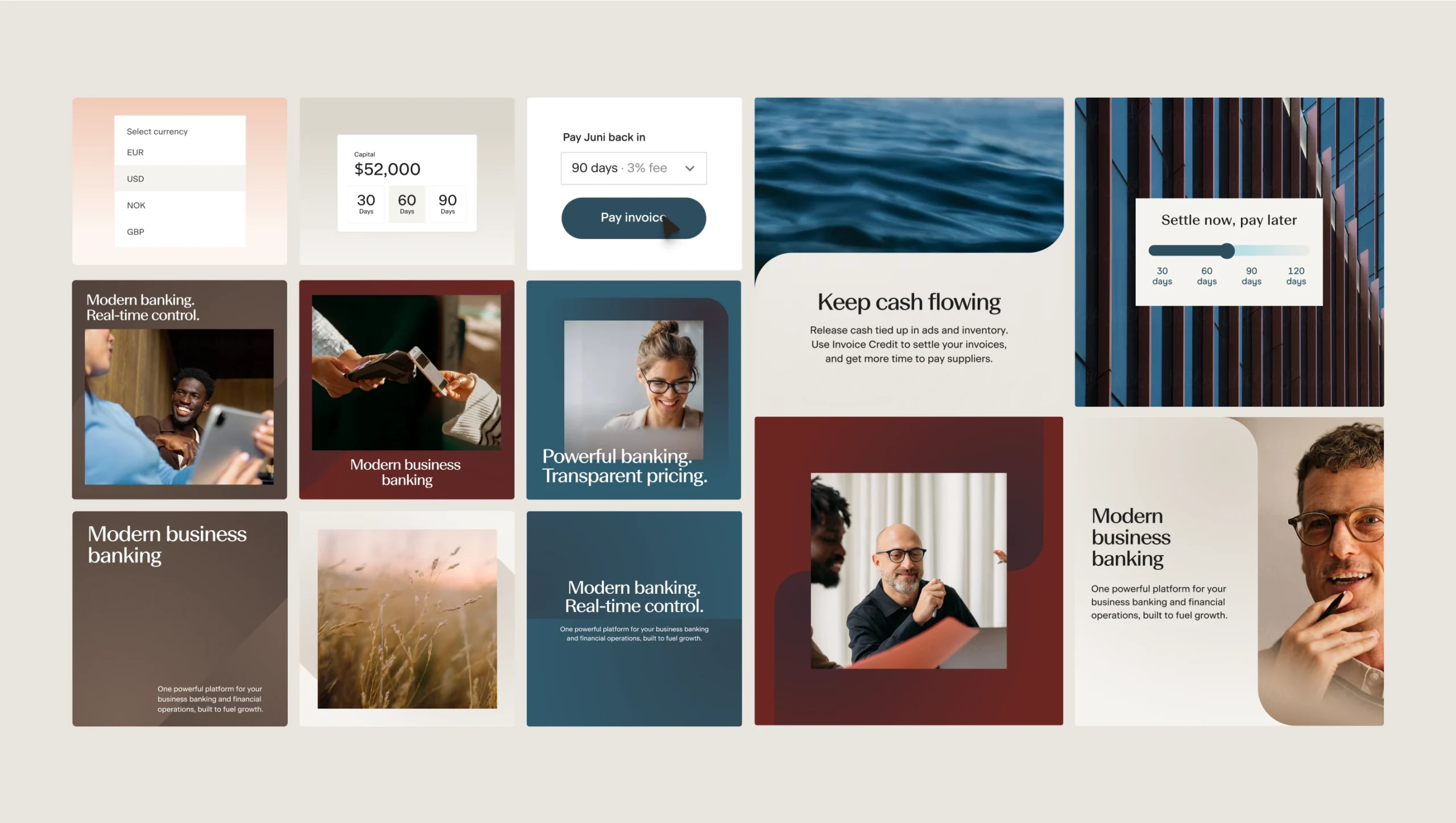 Juni brand strategy visual with banking scenes