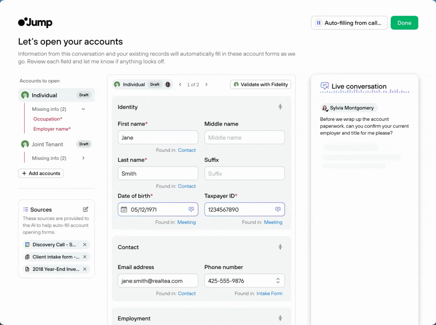Jump fills in account application data live as the advisor and client talk.