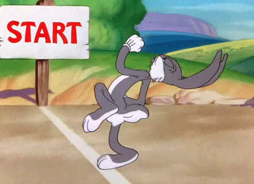 Bugs Bunny sprinting flat out on a treadmill and going nowhere