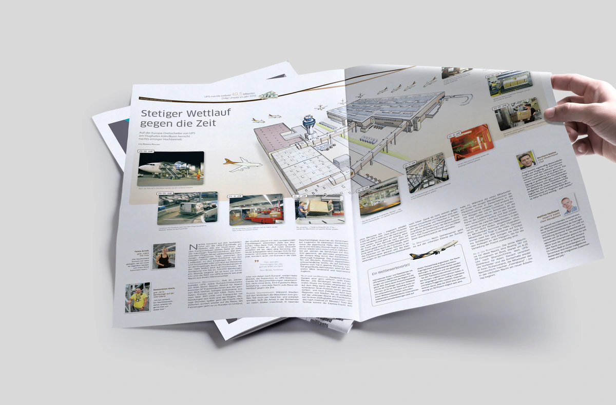 Illustration des UPS-Standorts am Flughafen Köln/Bonn auf einer Zeitungsdoppelseite