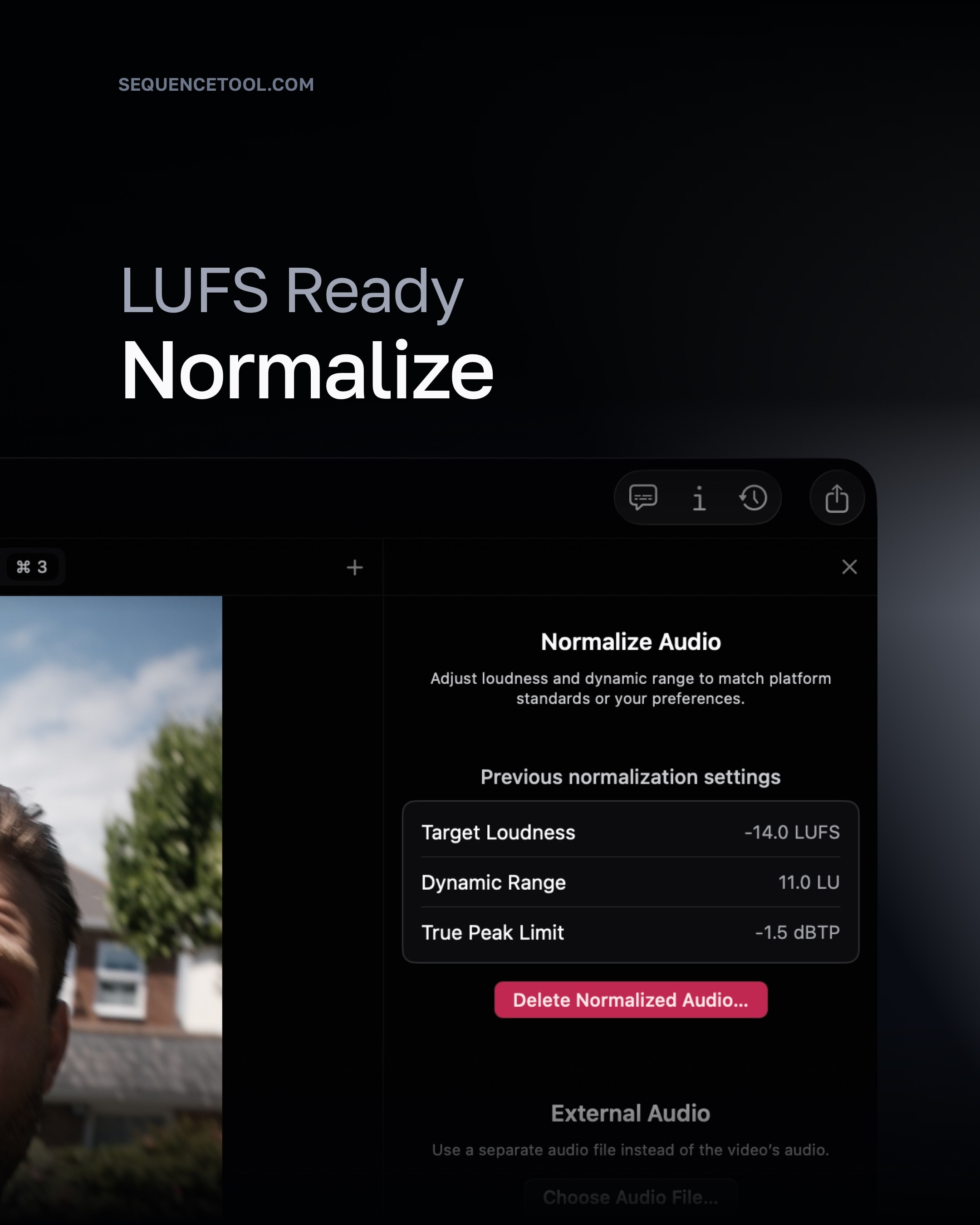 Normalize loudness with presets or a custom target with LUFS, LRA, and true peak controls.