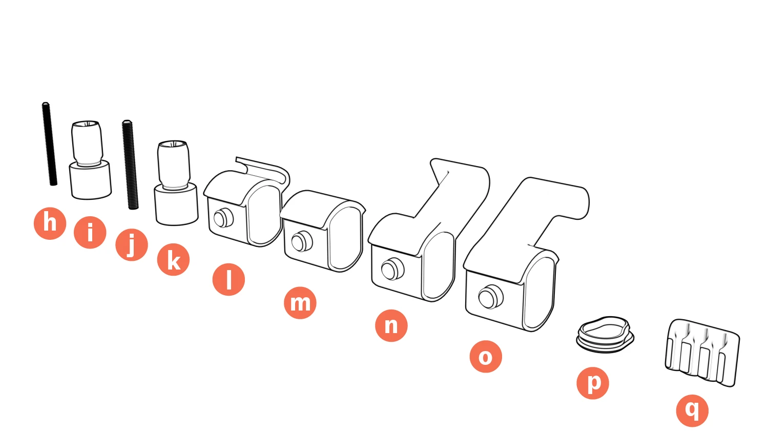 M6 and M8 mounting hardware, cable hooks, beam plugs, cord-wrap hooks, column plugs, and cable managers labeled h through q.