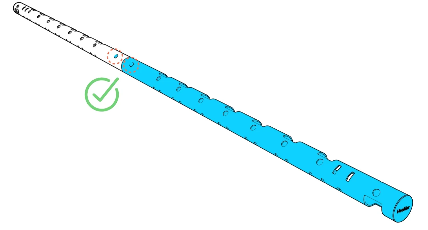 Joined beam halves with the spring-button connection circled and a check indicating proper assembly.