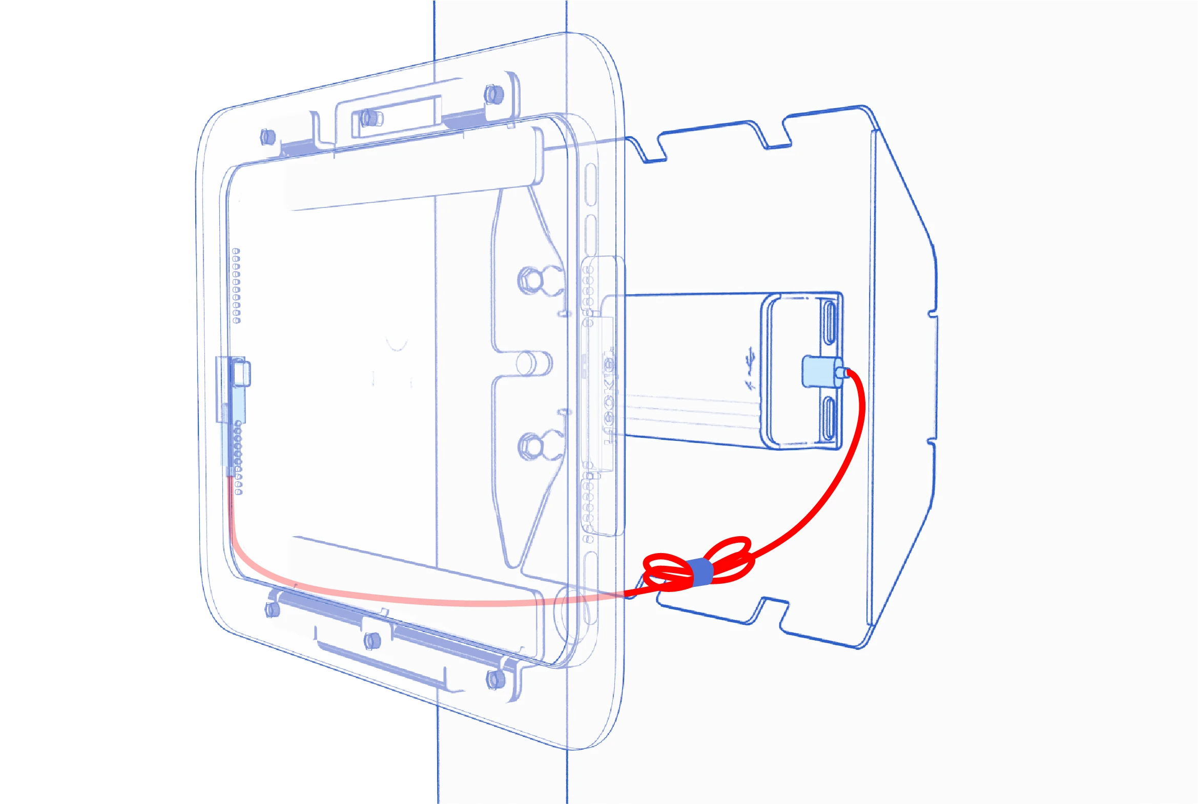 Transparent view showing the charging cable between the iPad mini and PoE adapter, with excess cable bundled inside the pocket.