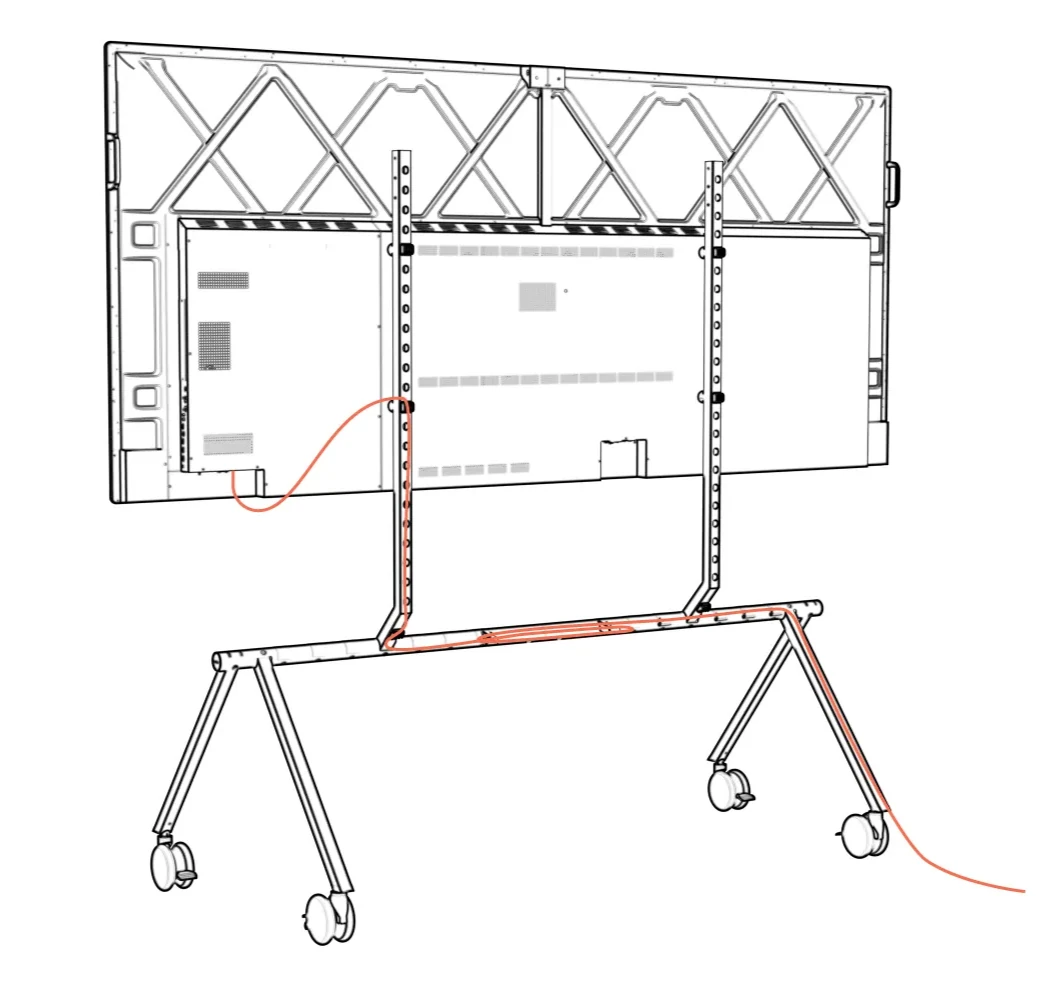 Rear of the installed display with a cable routed down a column and along the beam to the floor.
