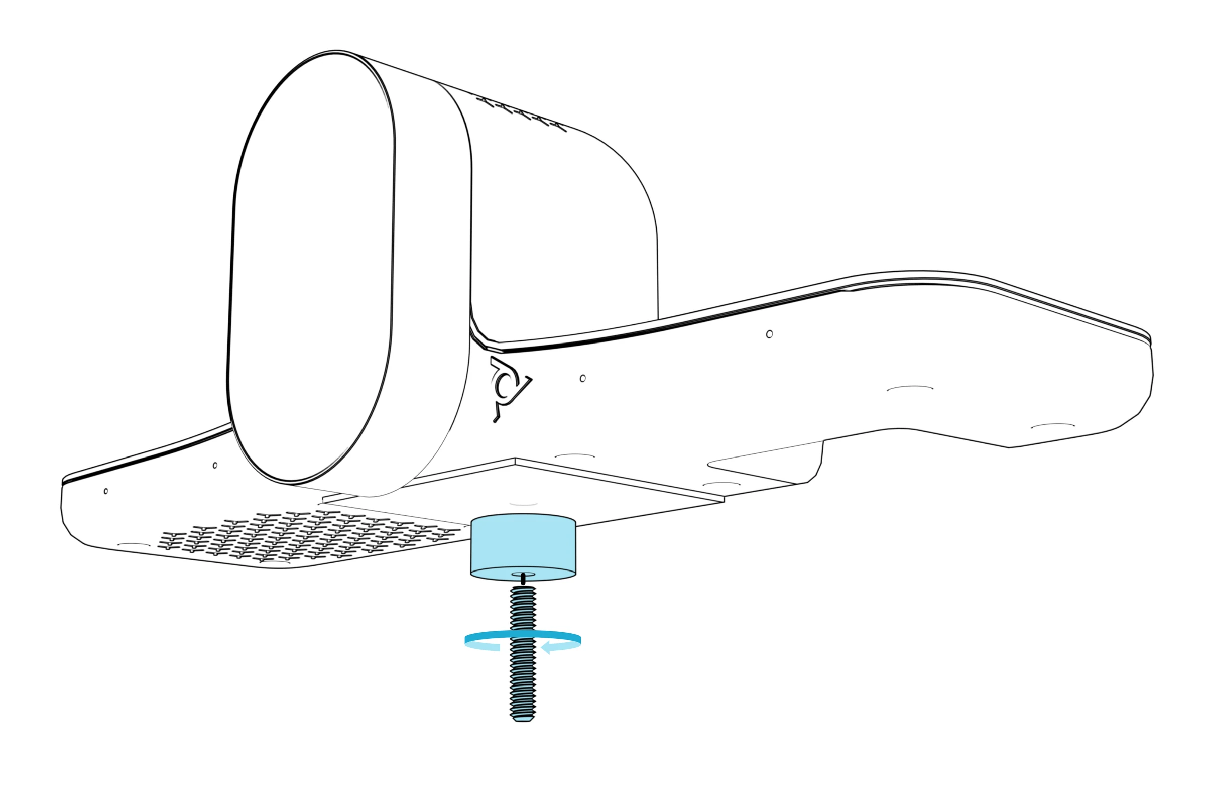 Bumper and mounting set screw positioned beneath a PTZ camera.