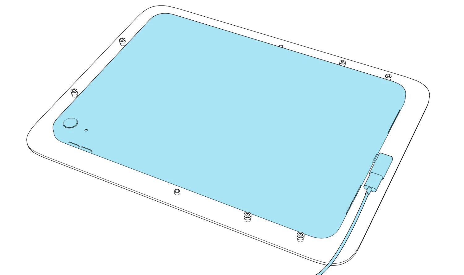 iPad positioned face down in the enclosure with a right-angle USB-C adapter and charging cable connected at its side port.