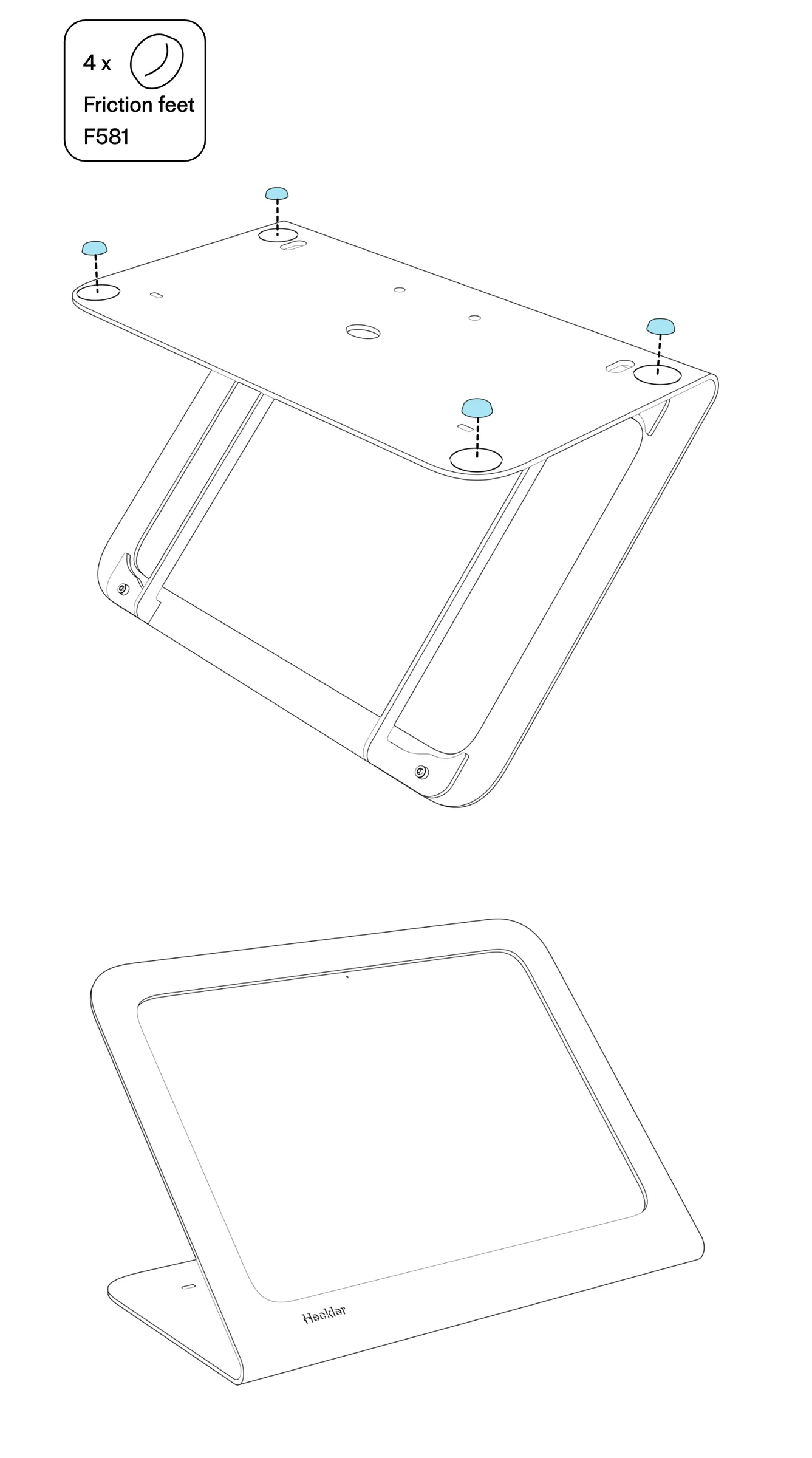 Four domed friction feet aligned with the corners of the underside of the stand, followed by a view of the upright stand. Friction feet are S130; the original illustration incorrectly labels them F581.