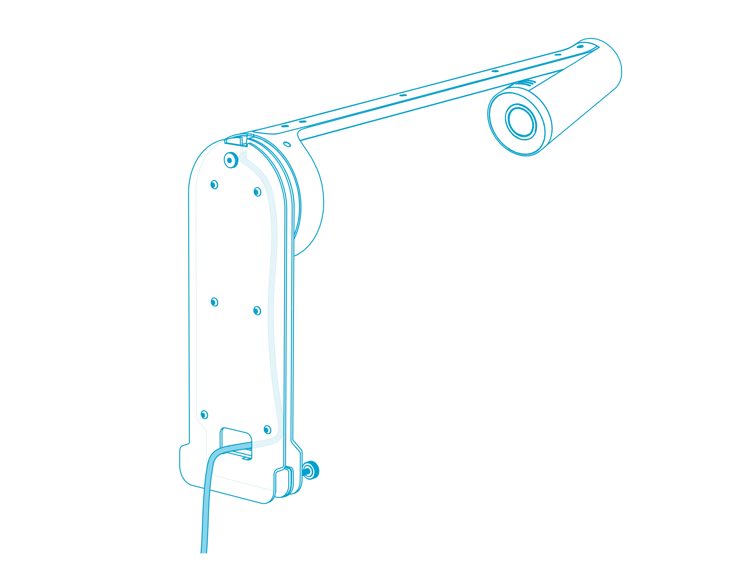 Scribe camera attached to the mount, with the cable routed down through the space between the front and rear surfaces.