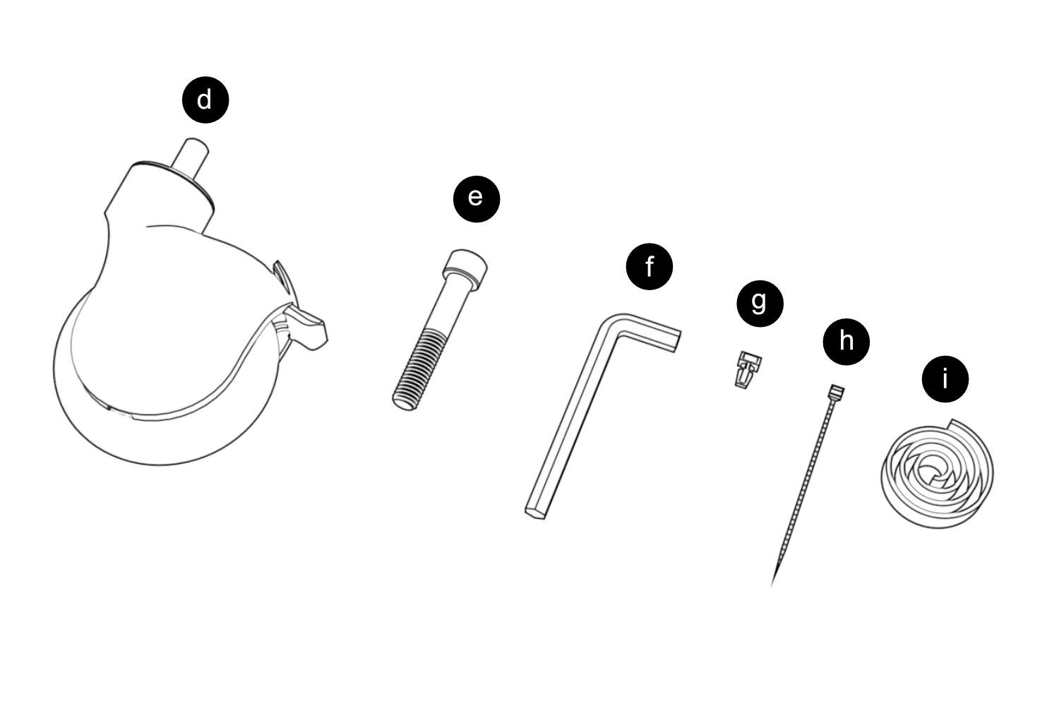 Caster, socket-head screw, hex key, push-in cable mount, cable tie, and strap identified as hardware d through i.