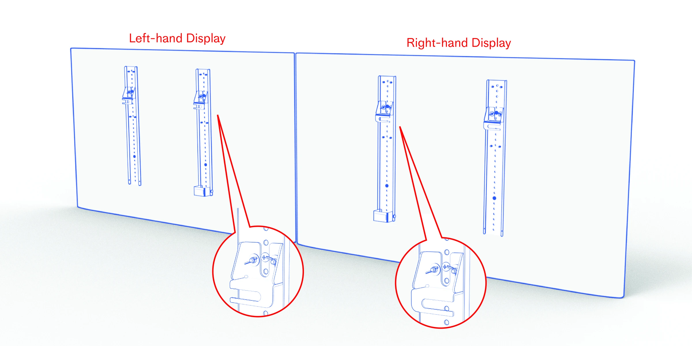 Rear views of the left-hand and right-hand displays with their rail-hook openings facing opposite directions.