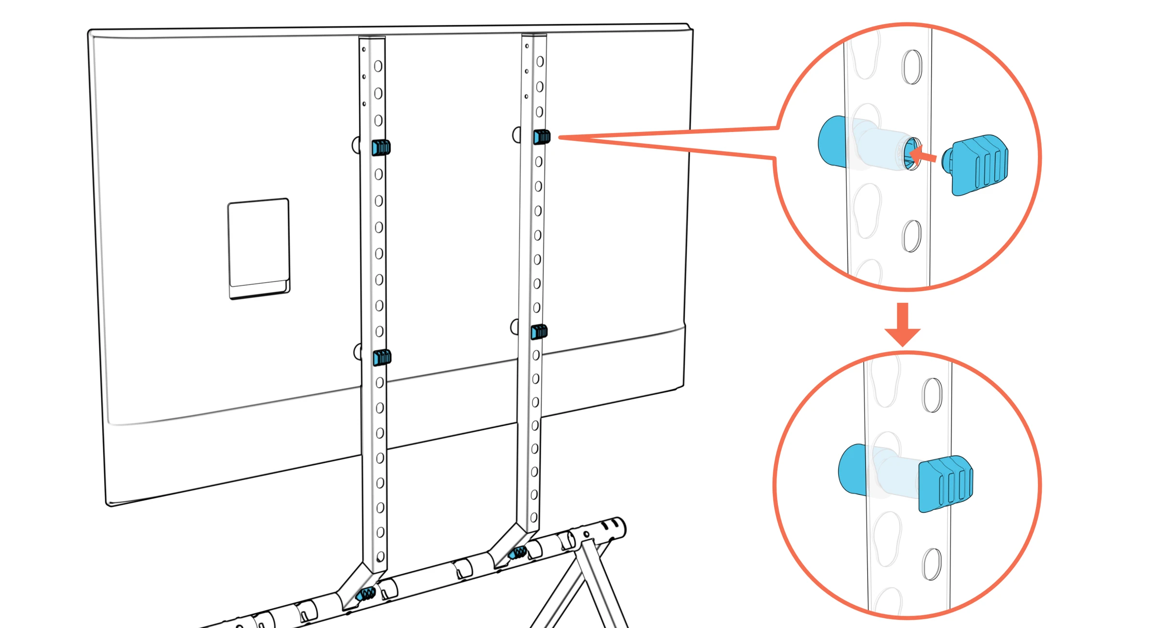 Cable managers inserted from behind the columns at the display-anchor positions, shown in enlarged before-and-after details.