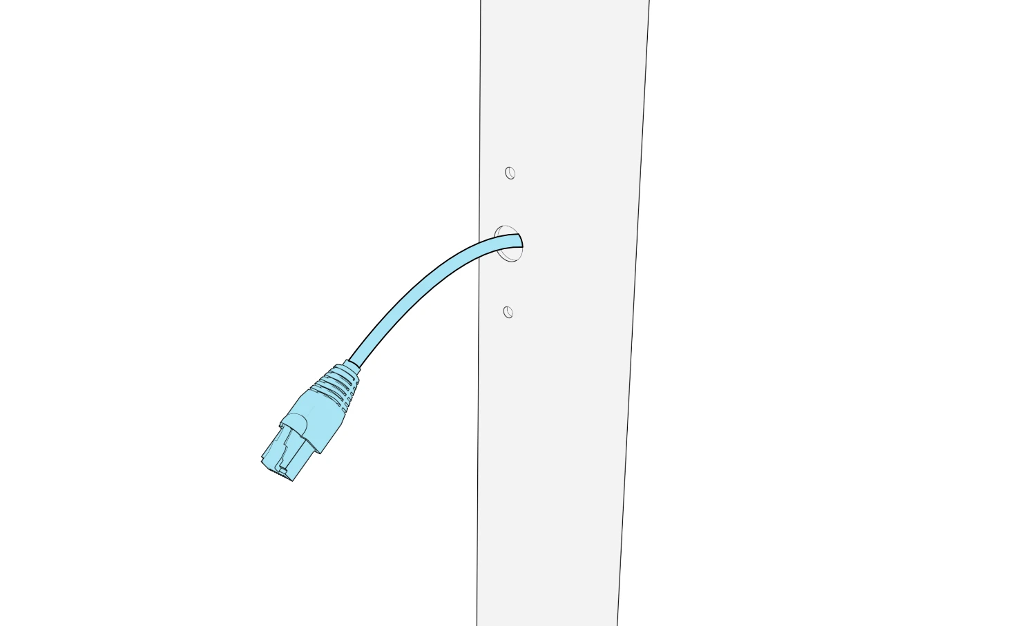 Network cable with an RJ45 connector extending through the center mullion opening between the two mounting-screw holes.