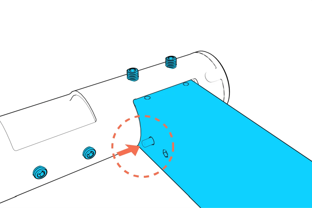 Safety button pressed inward while the leg enters the beam socket.