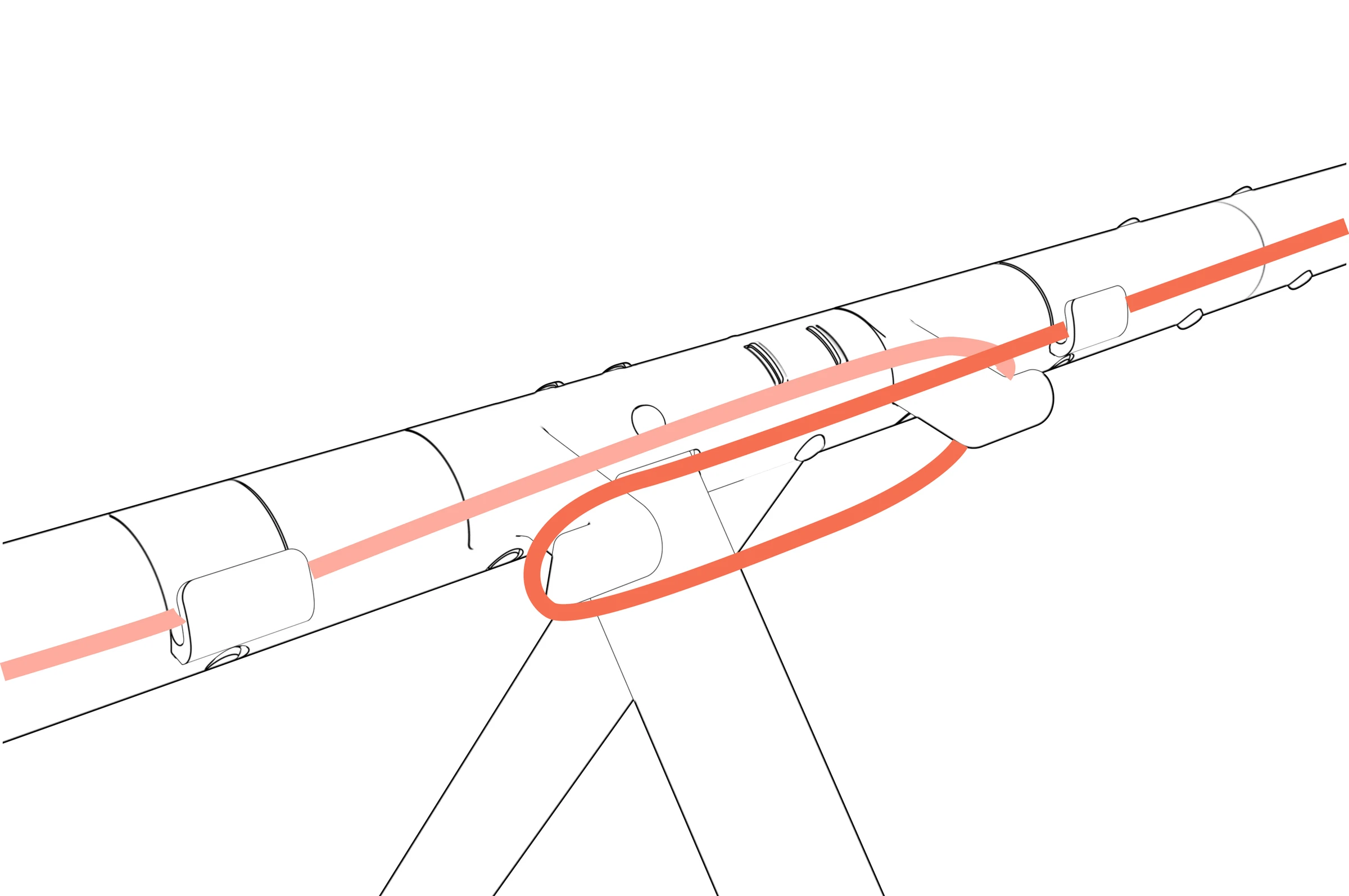Cable looped between the beam cord-wrap hooks.