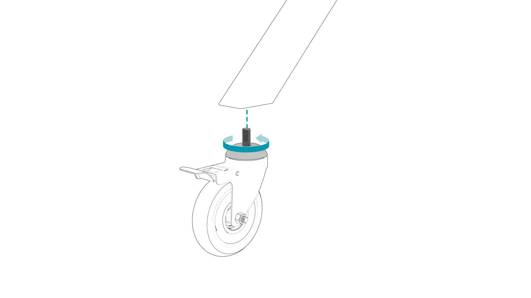 Close-up of a caster with a curved arrow showing its upper body rotating into the leg.