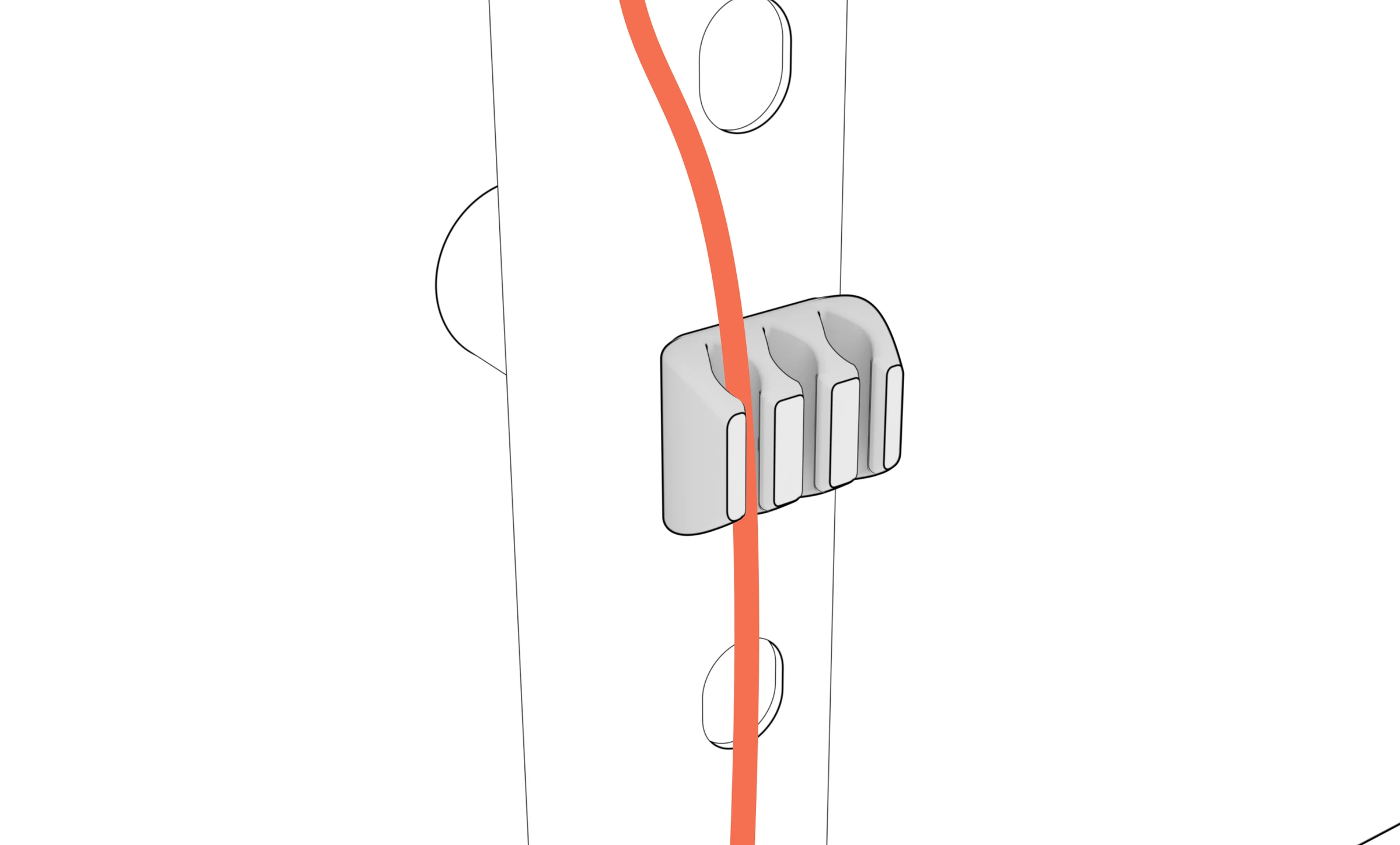 Close-up of a cable retained by a column cable manager.