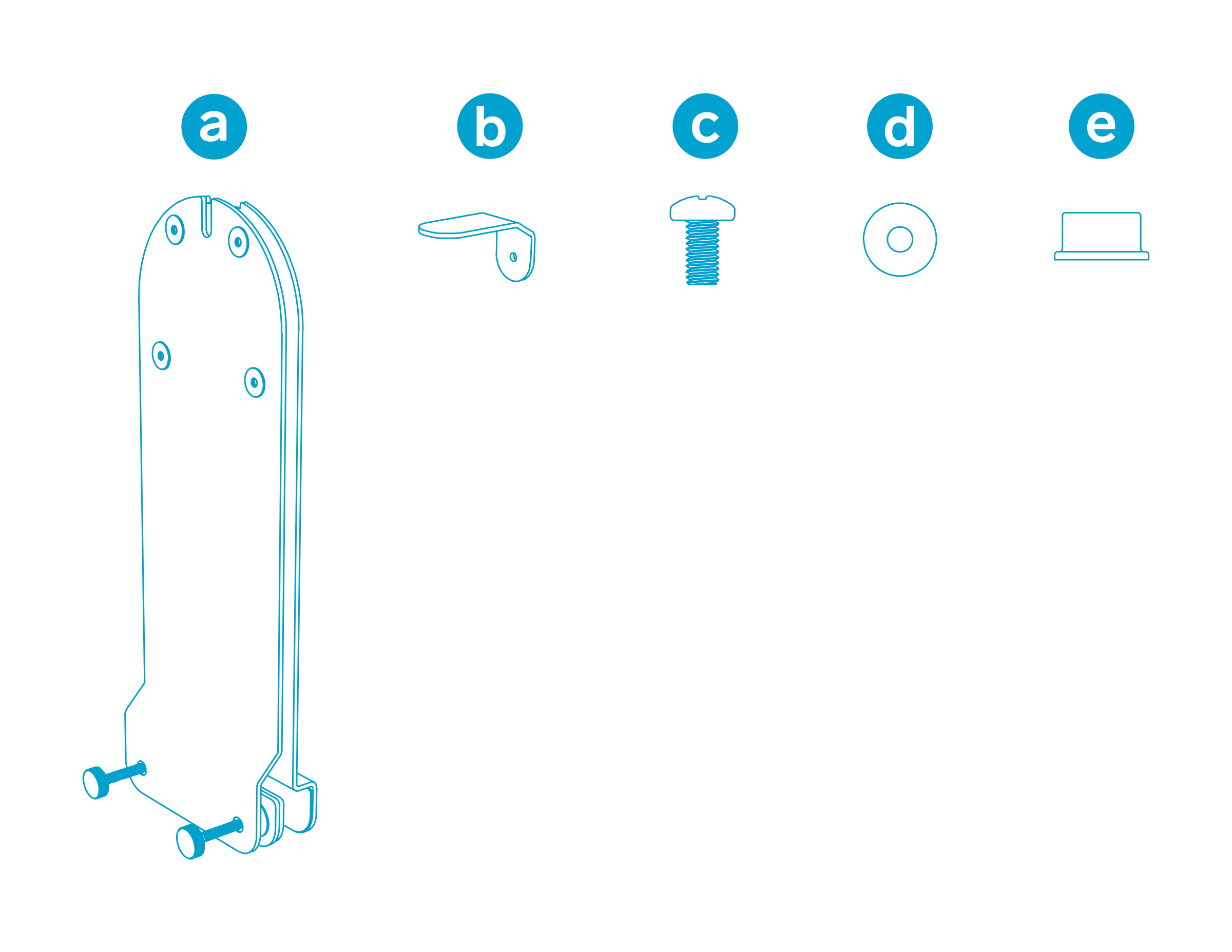 Labeled parts diagram showing the whiteboard mount, stay-in-place tab, pan-head screw, washer, and bumper.