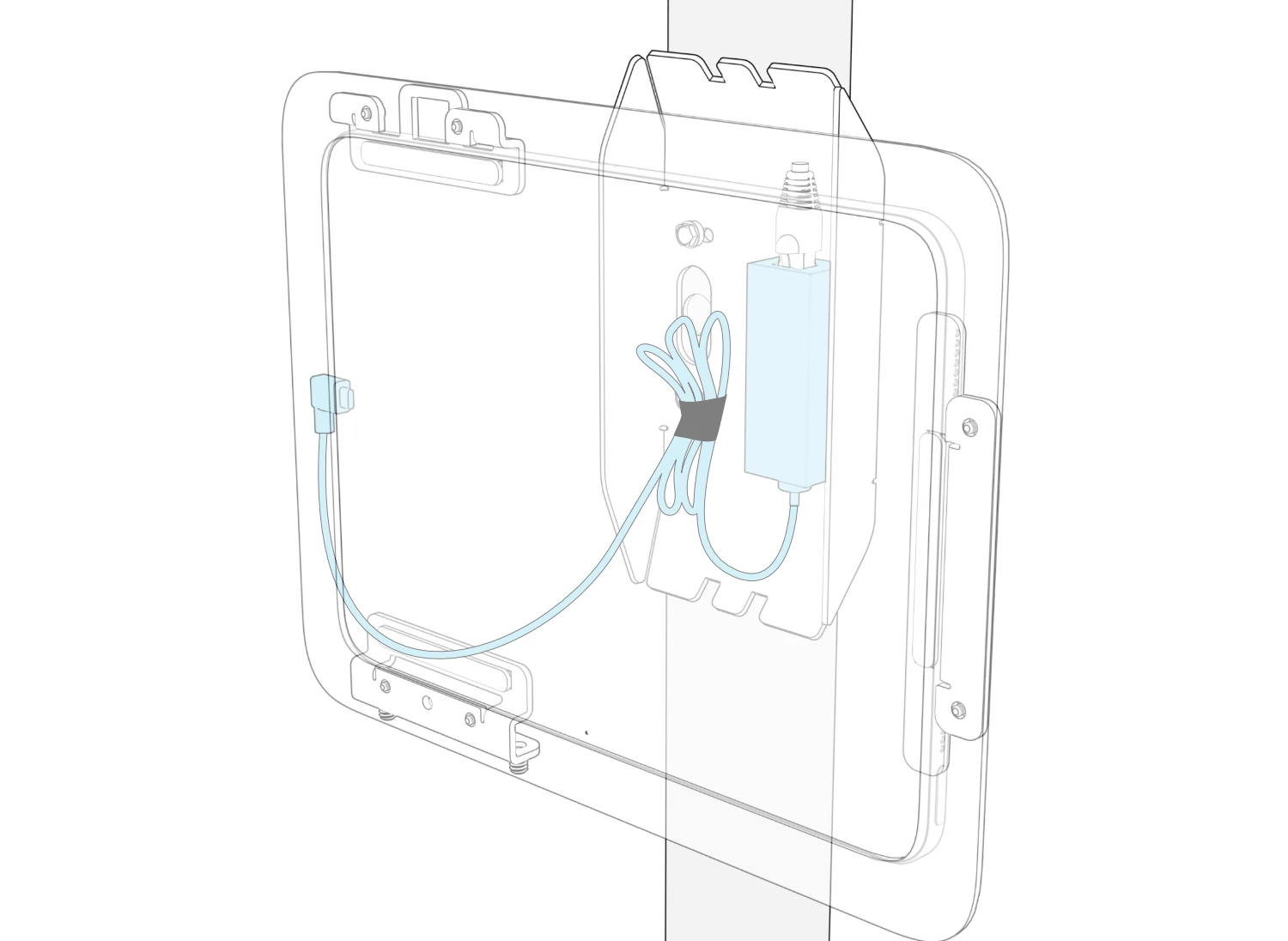 Transparent enclosure view showing the charging cable connected between the iPad’s right-angle USB-C adapter and the PoE adapter inside the pocket, with excess cable bundled beside it.