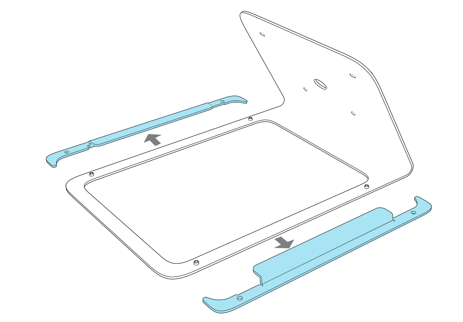The two retaining brackets lifted away from the rear of the portrait stand, with outward arrows.