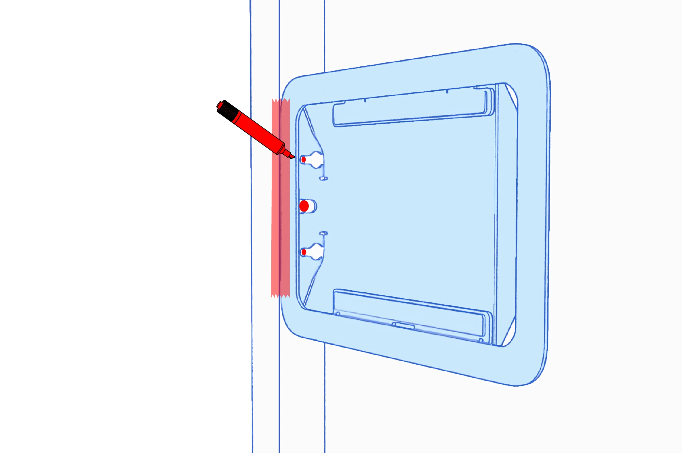 Side Mount taped against the mullion, with a marker indicating the two mounting-screw positions and the center cable opening.