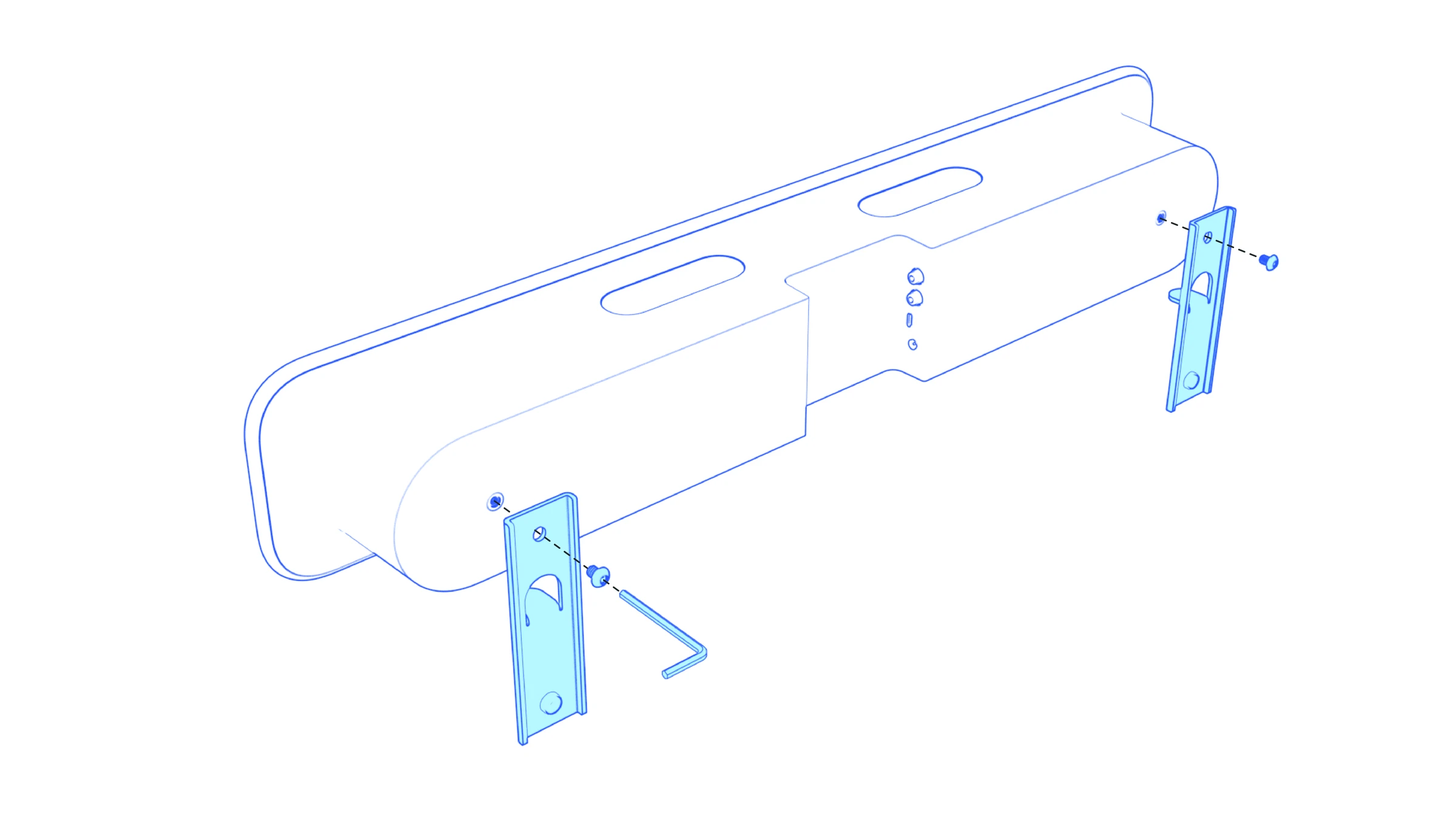 Two Google Meet Audio Bar brackets aligned with their screws and a hex key.