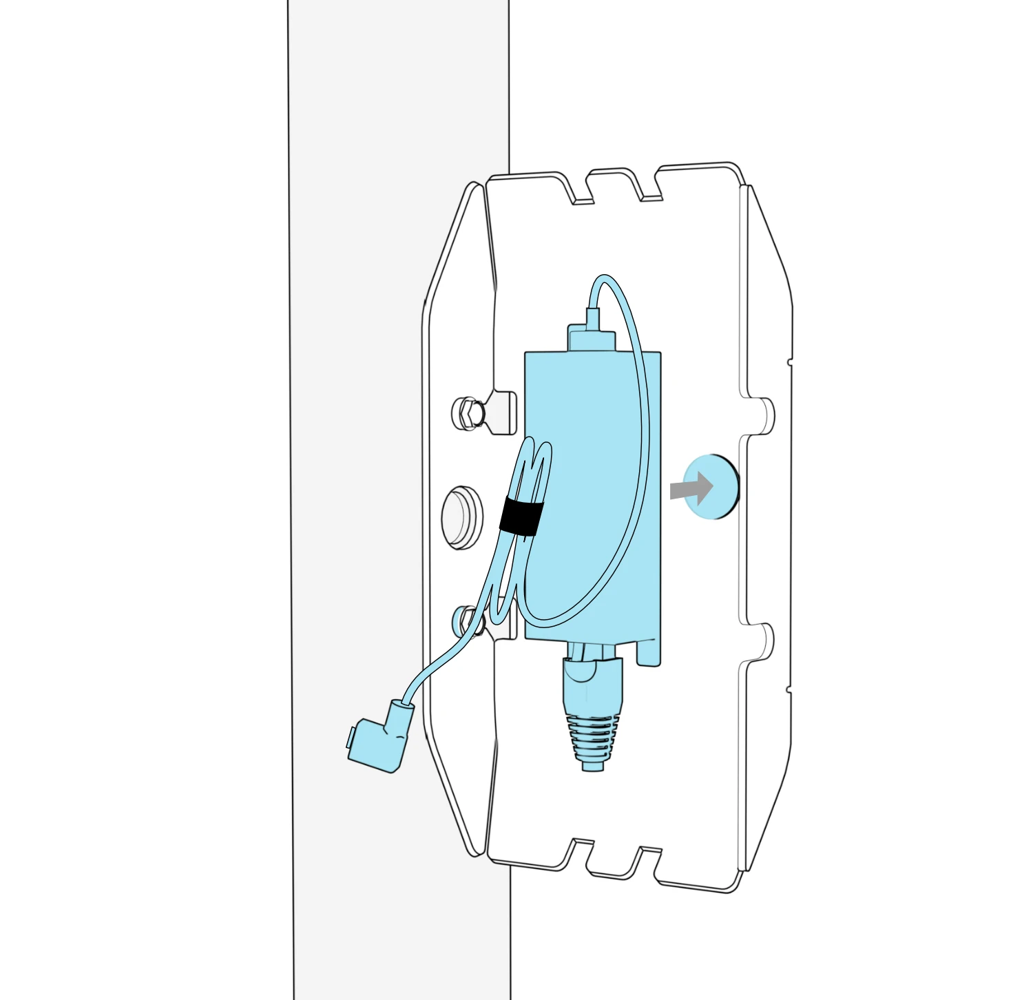 PoE adapter positioned inside the pocket with connected cables, bundled excess cable, and a circular hook-and-loop dot shown behind the adapter.