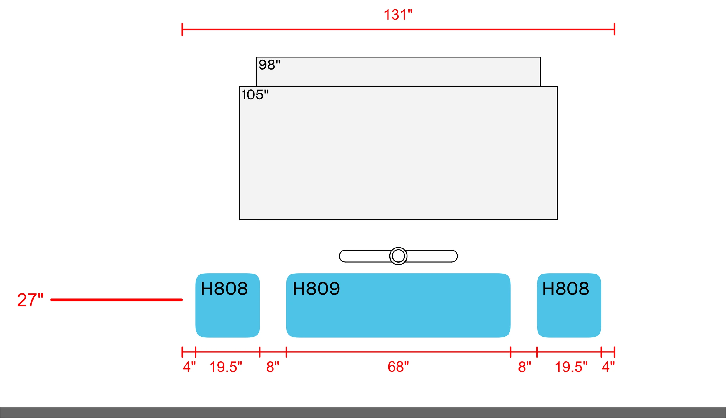 Large single-display examples above H809 and one H808 pair, with a 131-inch layout width. The 27-inch mounting reference, panel widths, and spacing dimensions are shown.