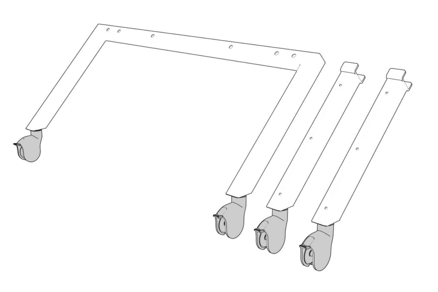 Caster housings attached beneath the front base and two rear legs.