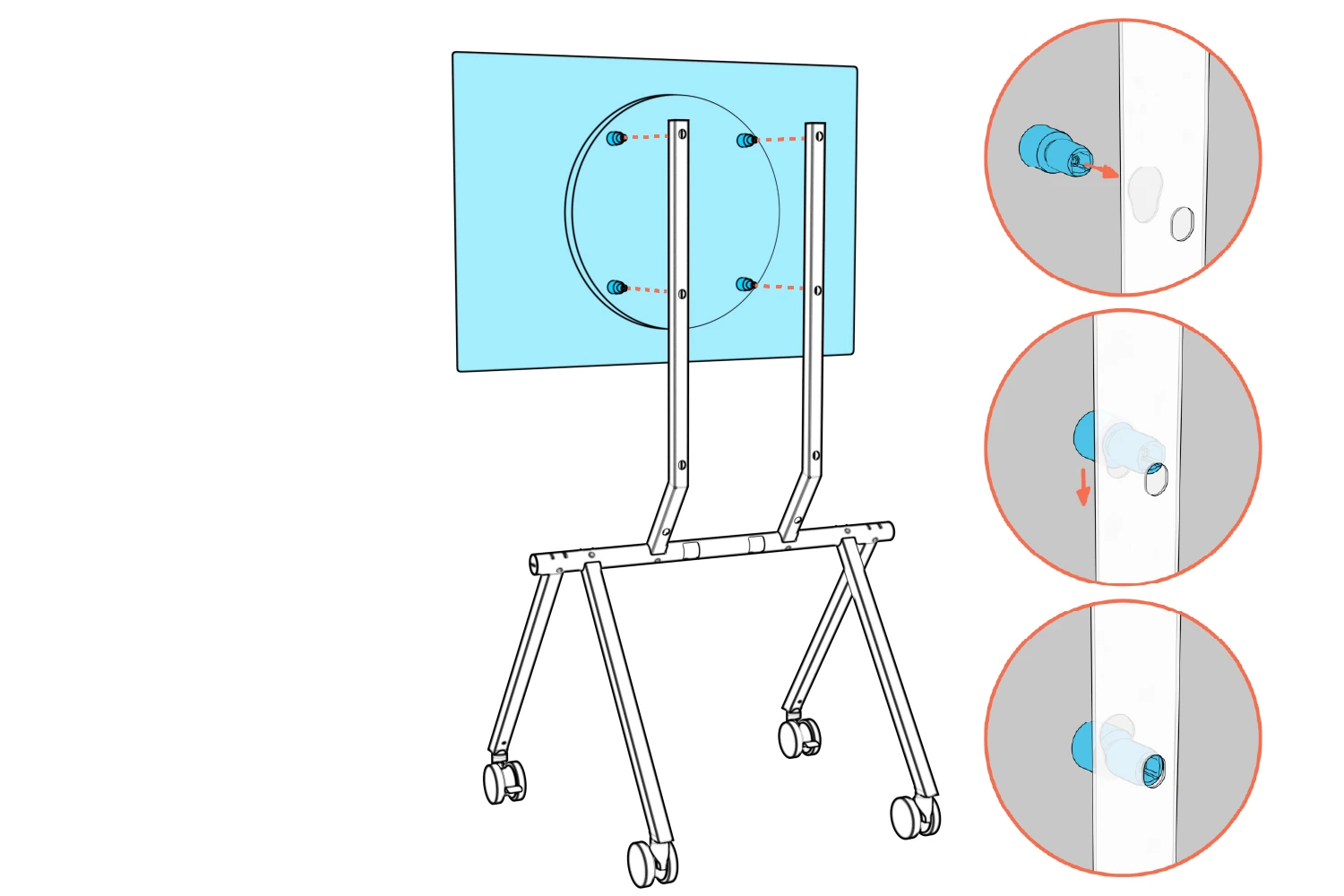 Three views show the Surface Hub anchors entering the column keyholes and lowering into place.