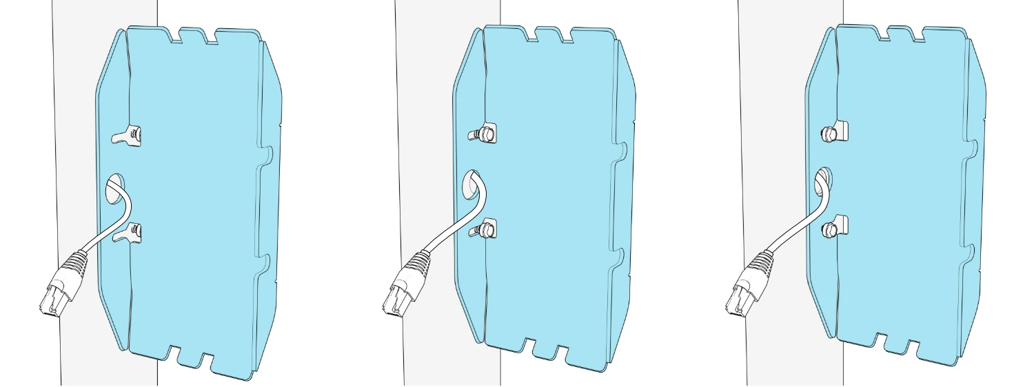 Three views showing the pocket slots passing over the two mounting-screw heads and engaging behind them, with the network cable through the center opening.