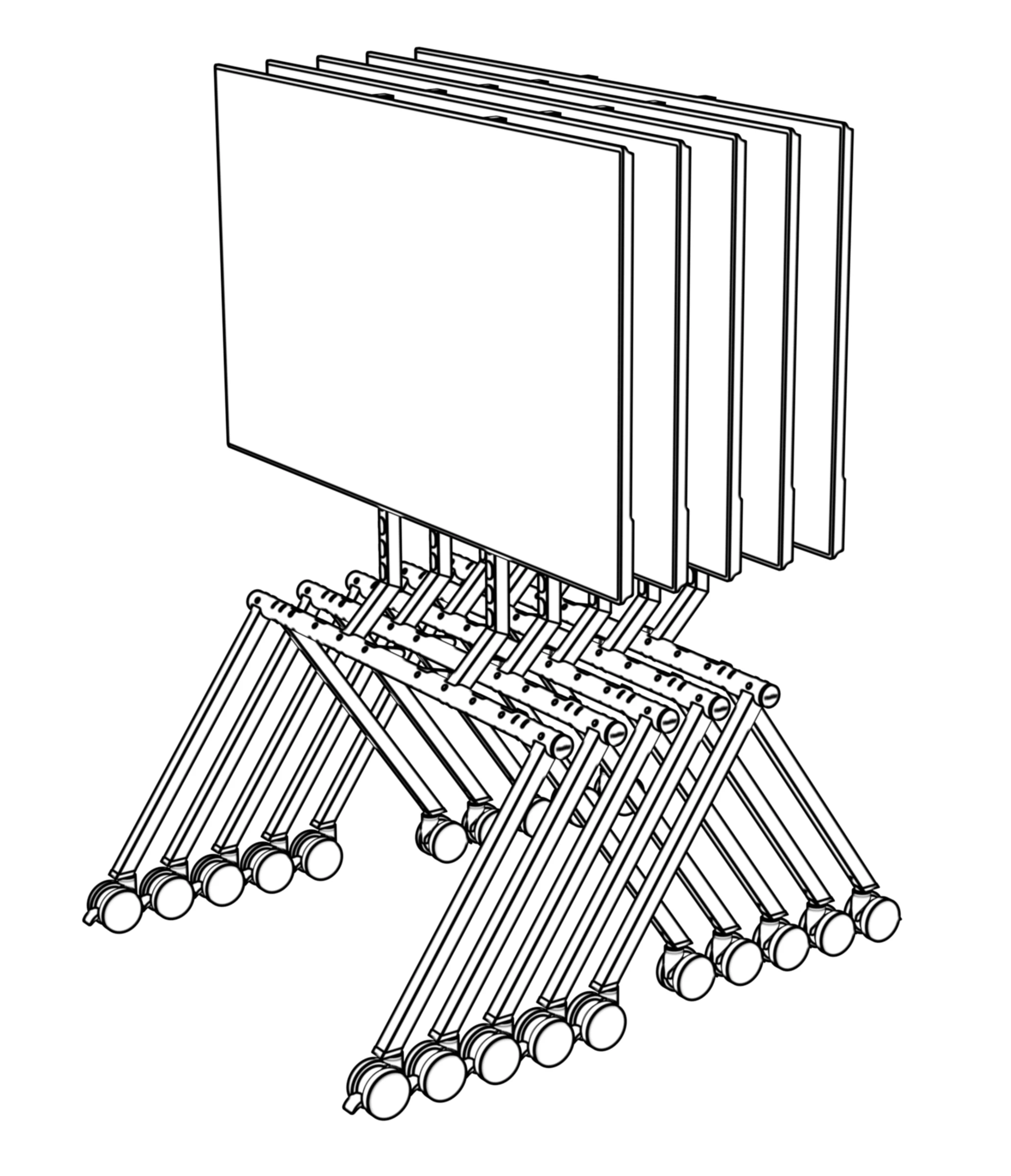 Several display stands nested closely together for storage.
