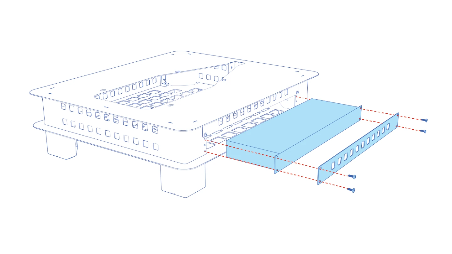 Rack cover plate and rack equipment aligned with the stand bay, with screws shown at the sides.
