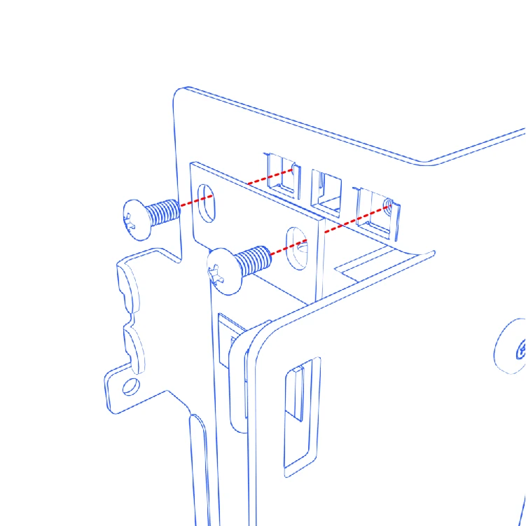 Cage nuts aligned with the side bracket’s rack holes, with rack screws shown separately.