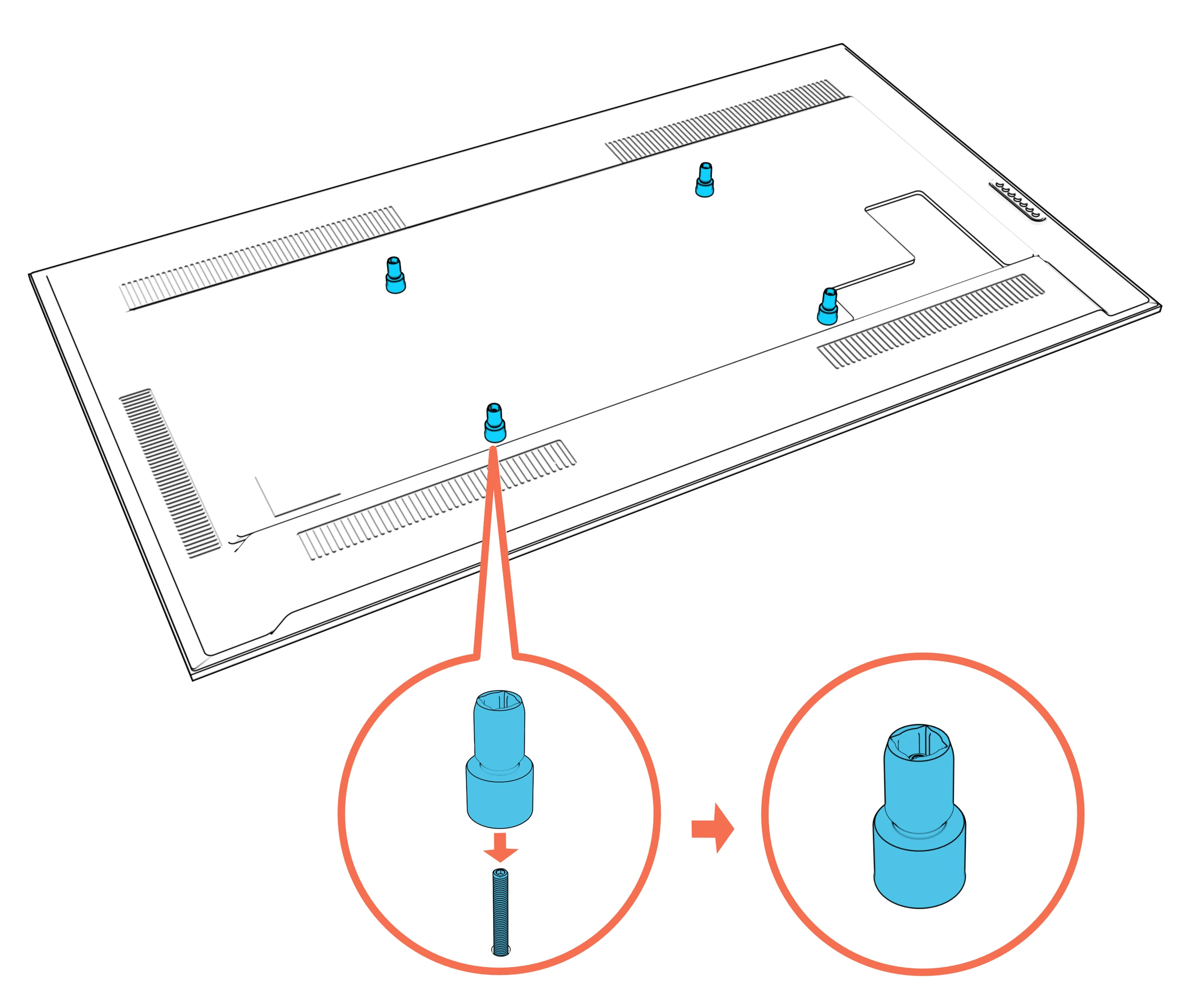 Four mounting anchors installed over the display set screws, with two detail views.