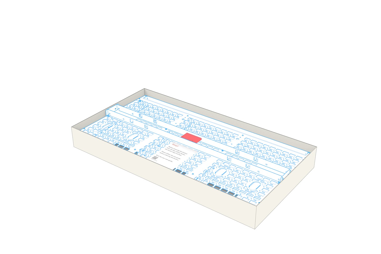 Animation showing the carton opened to reveal the upside-down lectern and the hardware bag inside it.