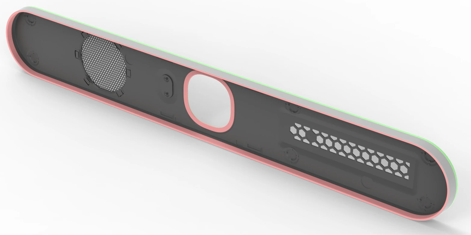 Rear of the cover showing the surrounding edge, speaker openings, and central camera cutout, with pink trim margins around the edges.