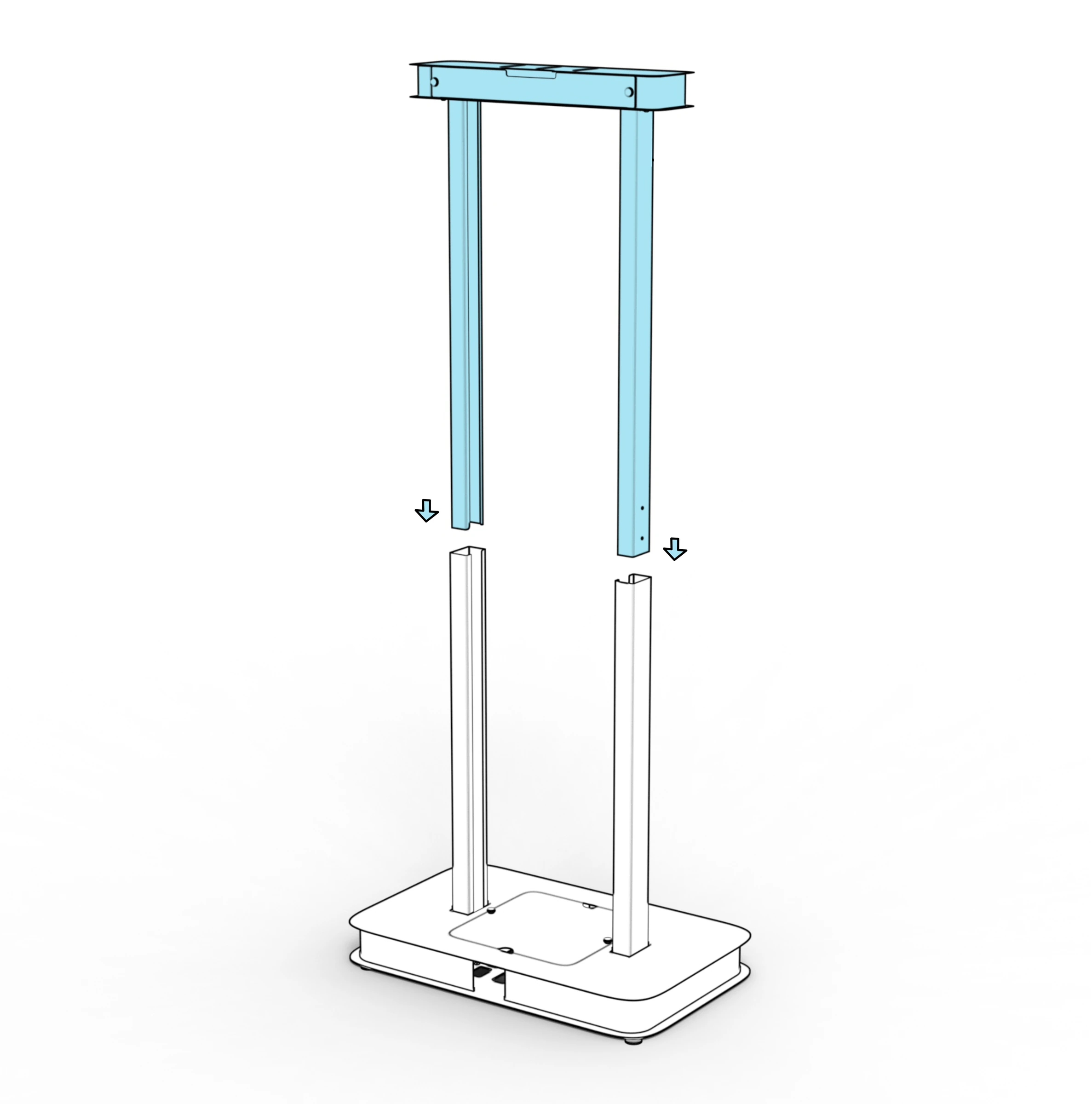 Upper-arm and top-shelf assembly lowered into the two lower arms.