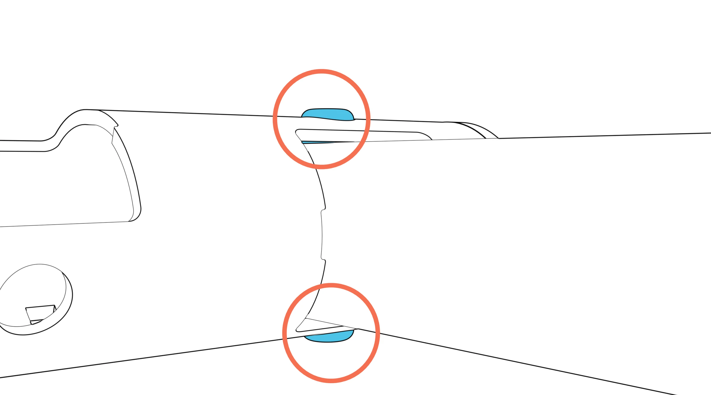 Both spring-button heads fully protruding through the beam, circled in the close-up.