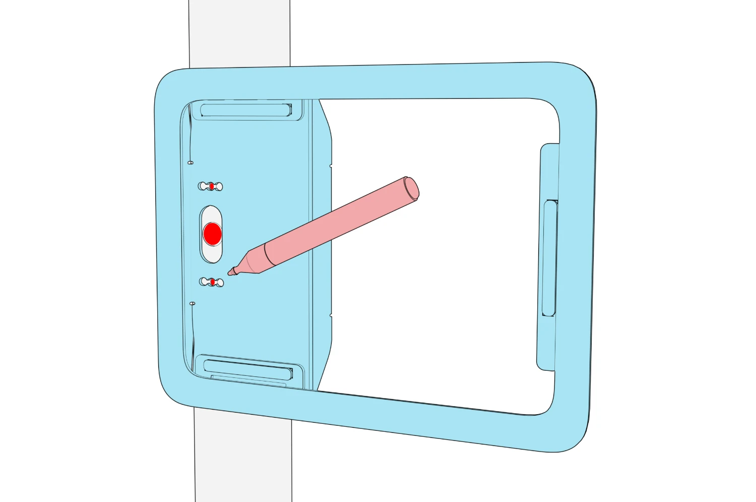 Assembled enclosure positioned against the mullion, with a marker indicating two mounting-screw positions and the center cable opening.