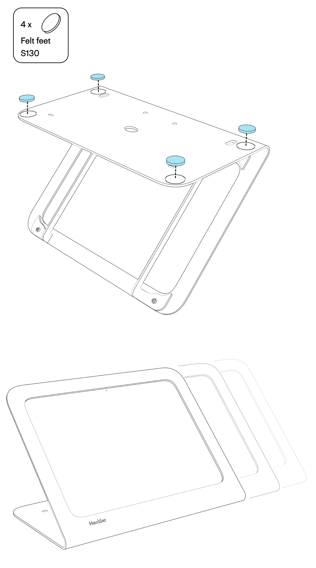 Four flat felt feet aligned with the corners of the underside of the stand, followed by a view indicating that the stand can slide. Felt feet are F581; the original illustration incorrectly labels them S130.