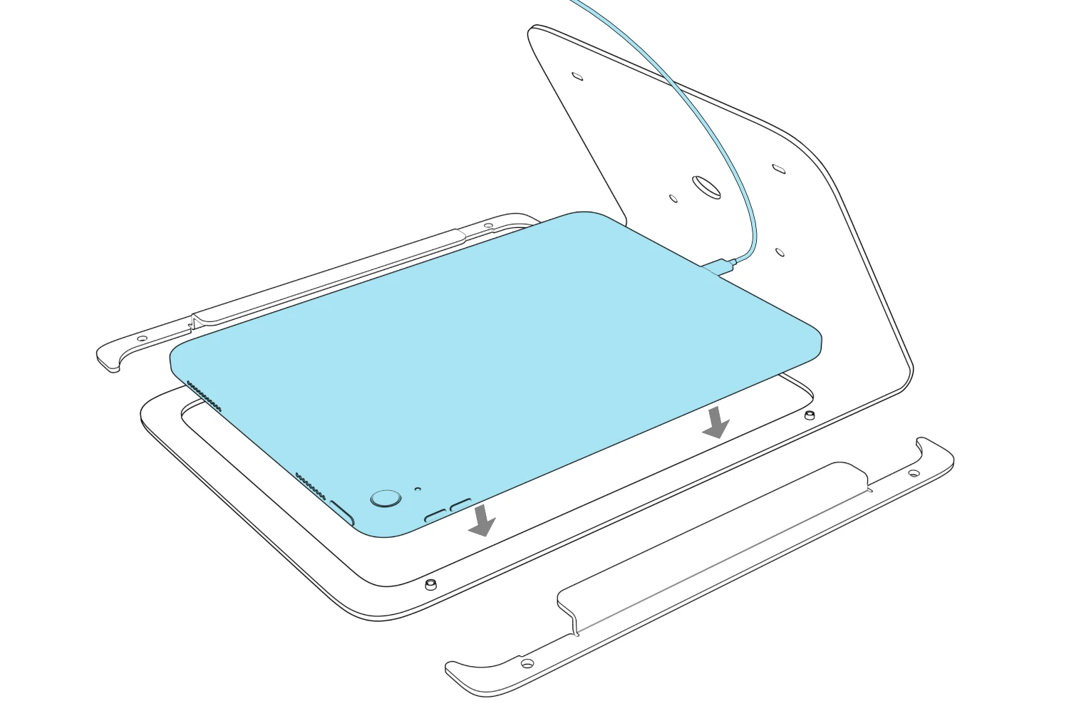 An iPad lowers into the portrait frame with its USB-C cable routed through the stand base.