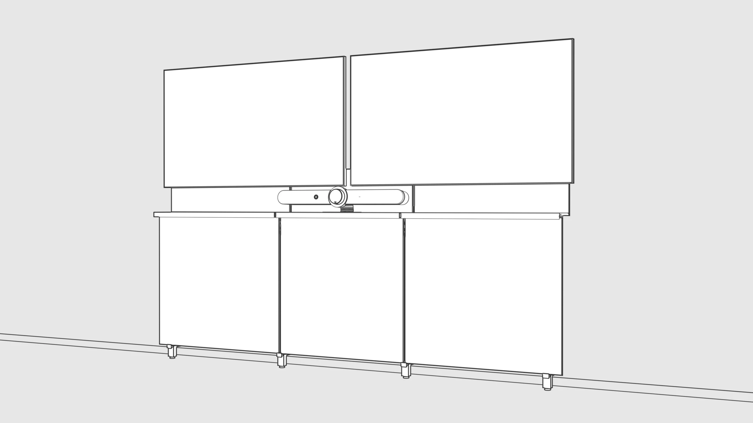 The completed three-bay Framework installation with front panels, two displays, and a video bar.