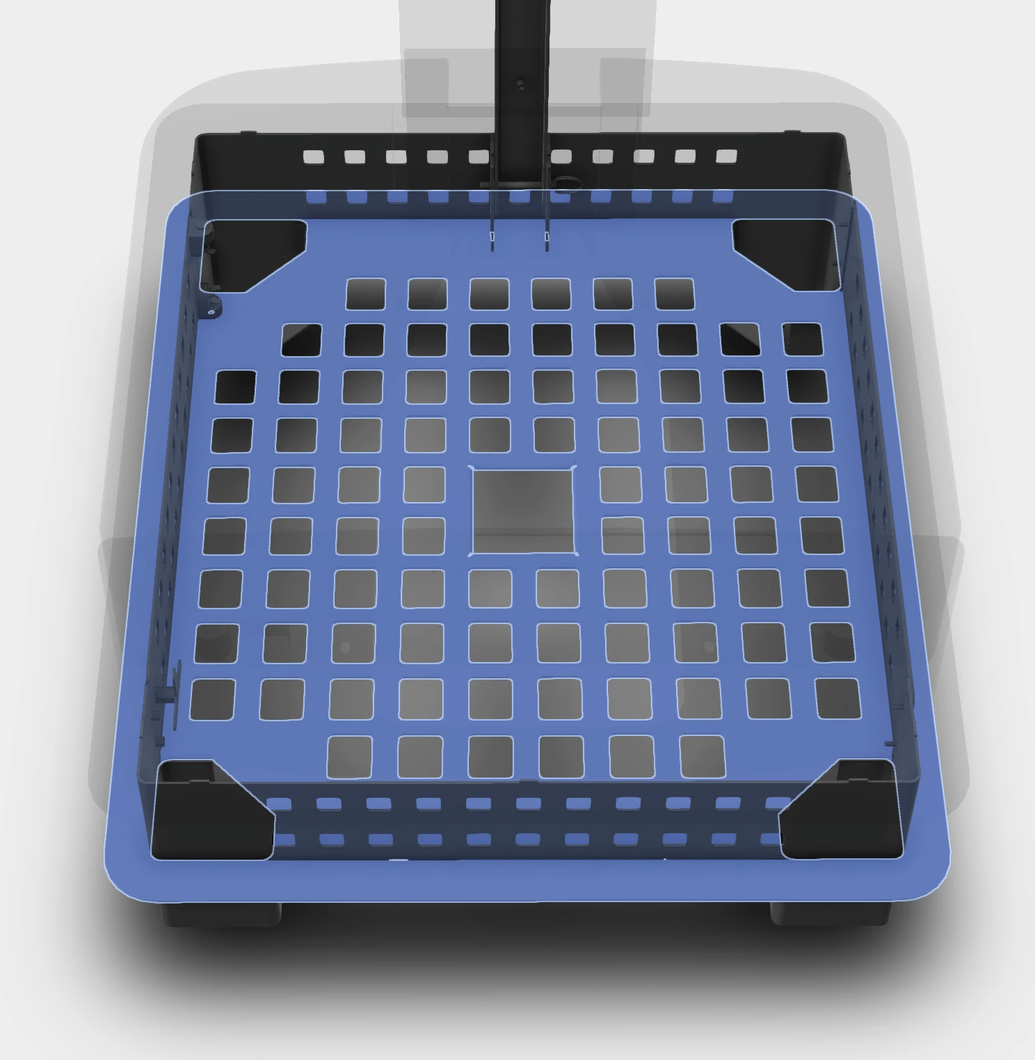 Perforated compartment floor highlighted, with a large central opening and smaller attachment holes.