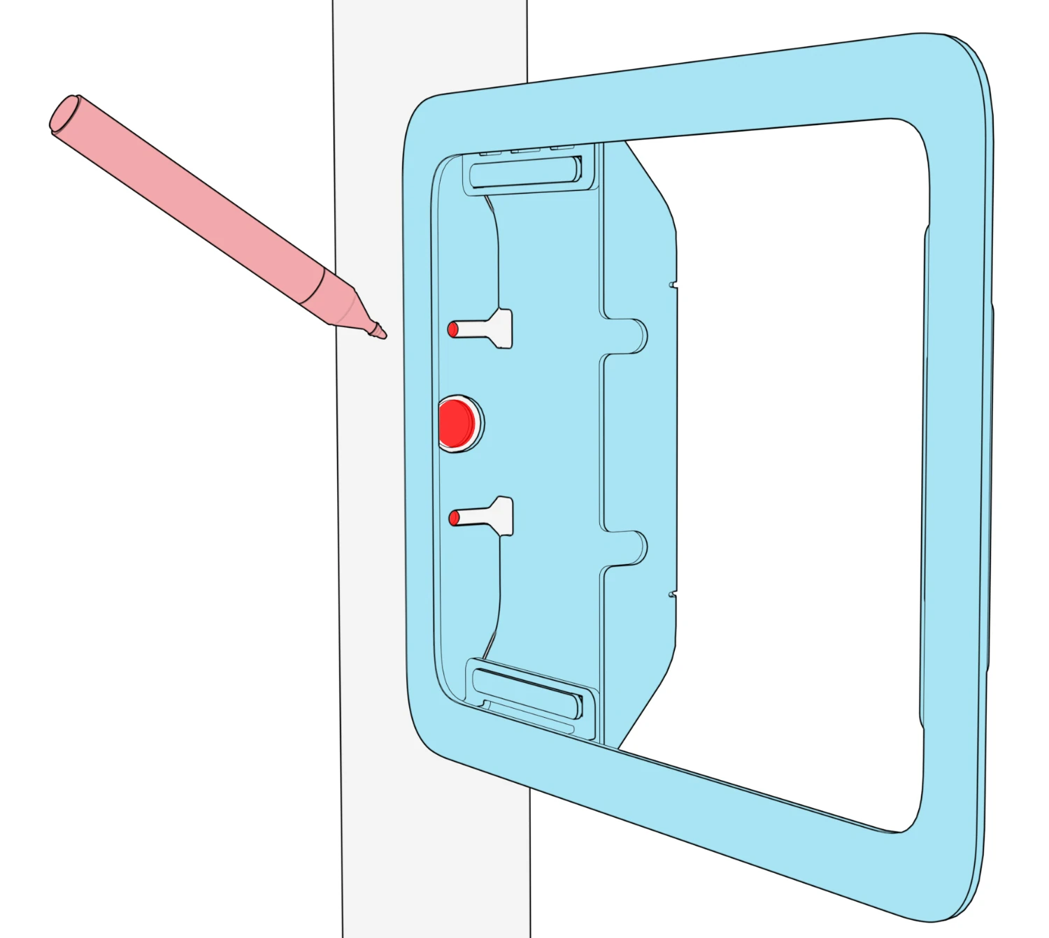 Enclosure held against the mullion, with a marker indicating two mounting-screw positions and the center cable opening.
