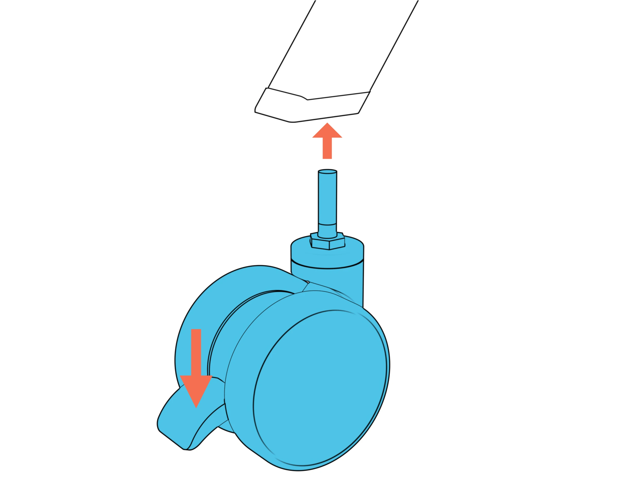 A caster with its brake pressed down and its mounting post aligned with the leg socket.